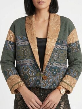Flashback Olive Green Patterned Shawl-Collar Jacket with Gold Trim